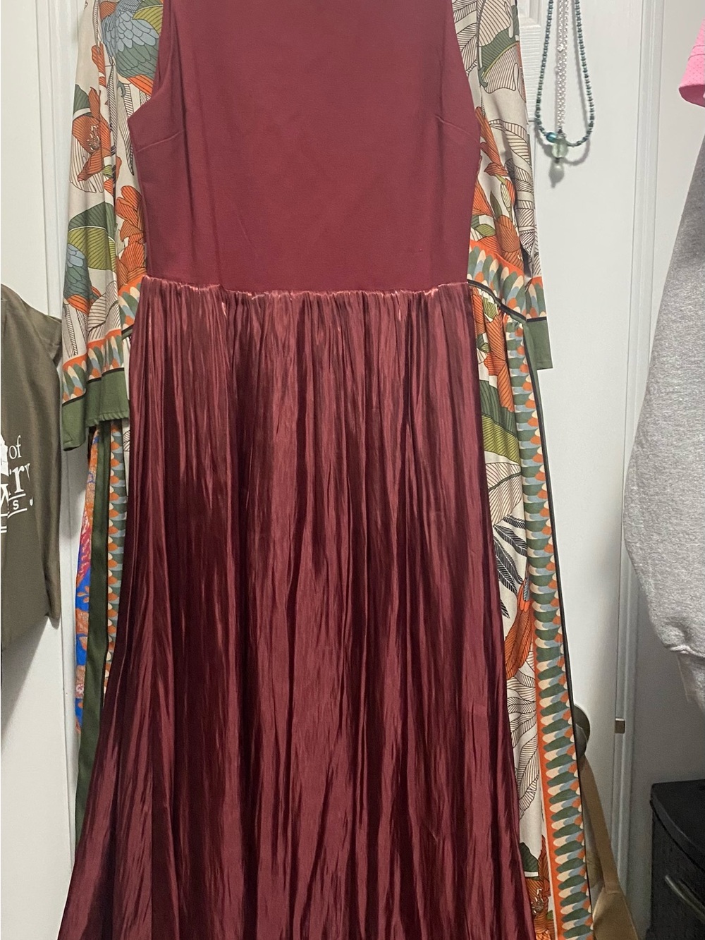 Bardot Sleeveless Burgundy Maxi Dress with Pleated Satin Skirt